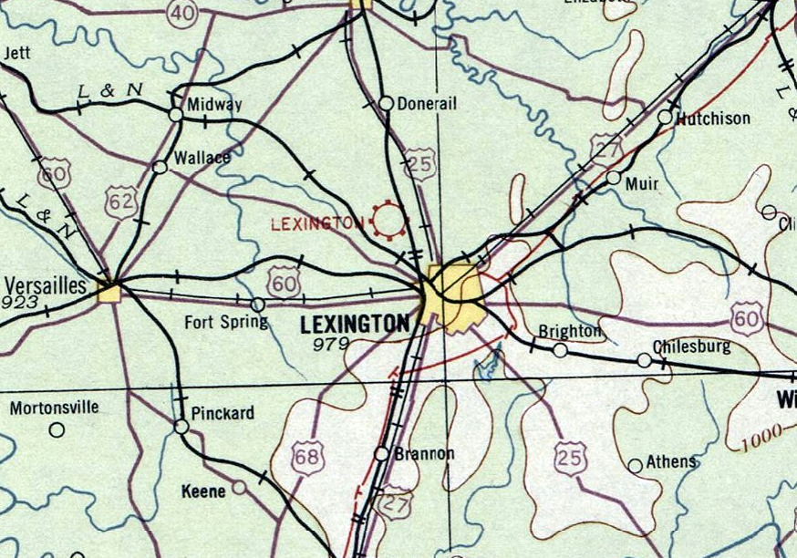 Historic aeronautical map of central Kentucky showing Lexington and the location of an airport west of the city.