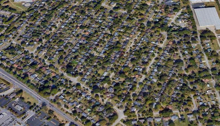 Aerial photograph of the Meadowthorpe neighborhood, showing the residential area that now occupies the former Halley Field site.